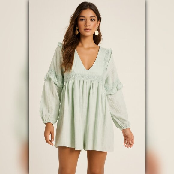 A470 • Mint Green Long Sleeve Ruffle Romper With Lace Detail